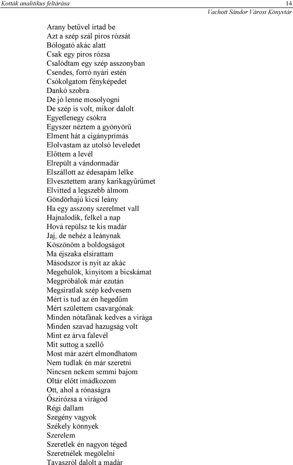 Elrepült a vándormadár Elszállott az édesapám lelke Elvesztettem arany karikagyűrűmet Elvitted a legszebb álmom Göndörhajú kicsi leány Ha egy asszony szerelmet vall Hajnalodik, felkel a nap Hová