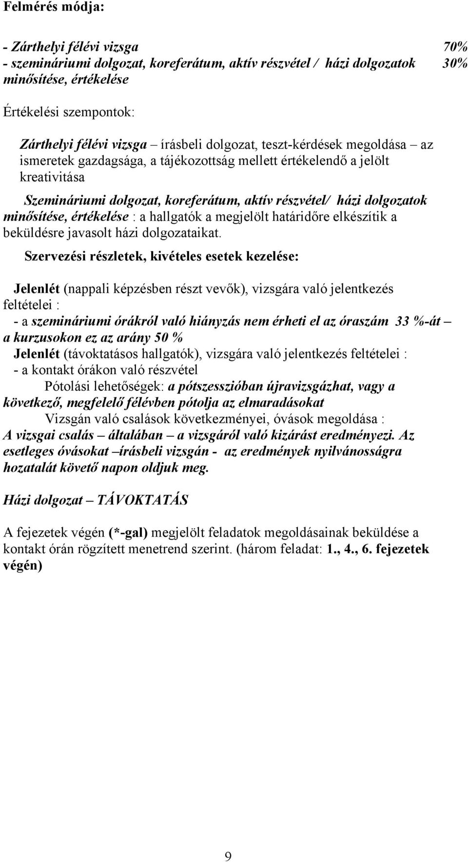 minősítése, értékelése : a hallgatók a megjelölt határidőre elkészítik a beküldésre javasolt házi dolgozataikat.