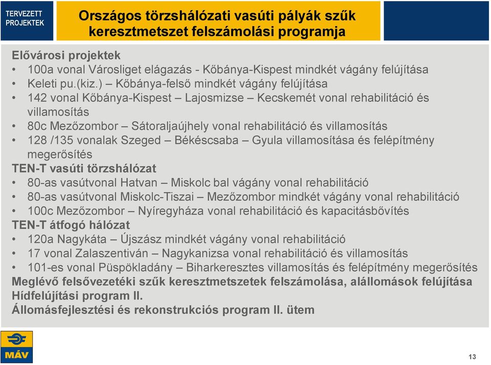 /135 vonalak Szeged Békéscsaba Gyula villamosítása és felépítmény megerősítés TEN-T vasúti törzshálózat 80-as vasútvonal Hatvan Miskolc bal vágány vonal rehabilitáció 80-as vasútvonal Miskolc-Tiszai