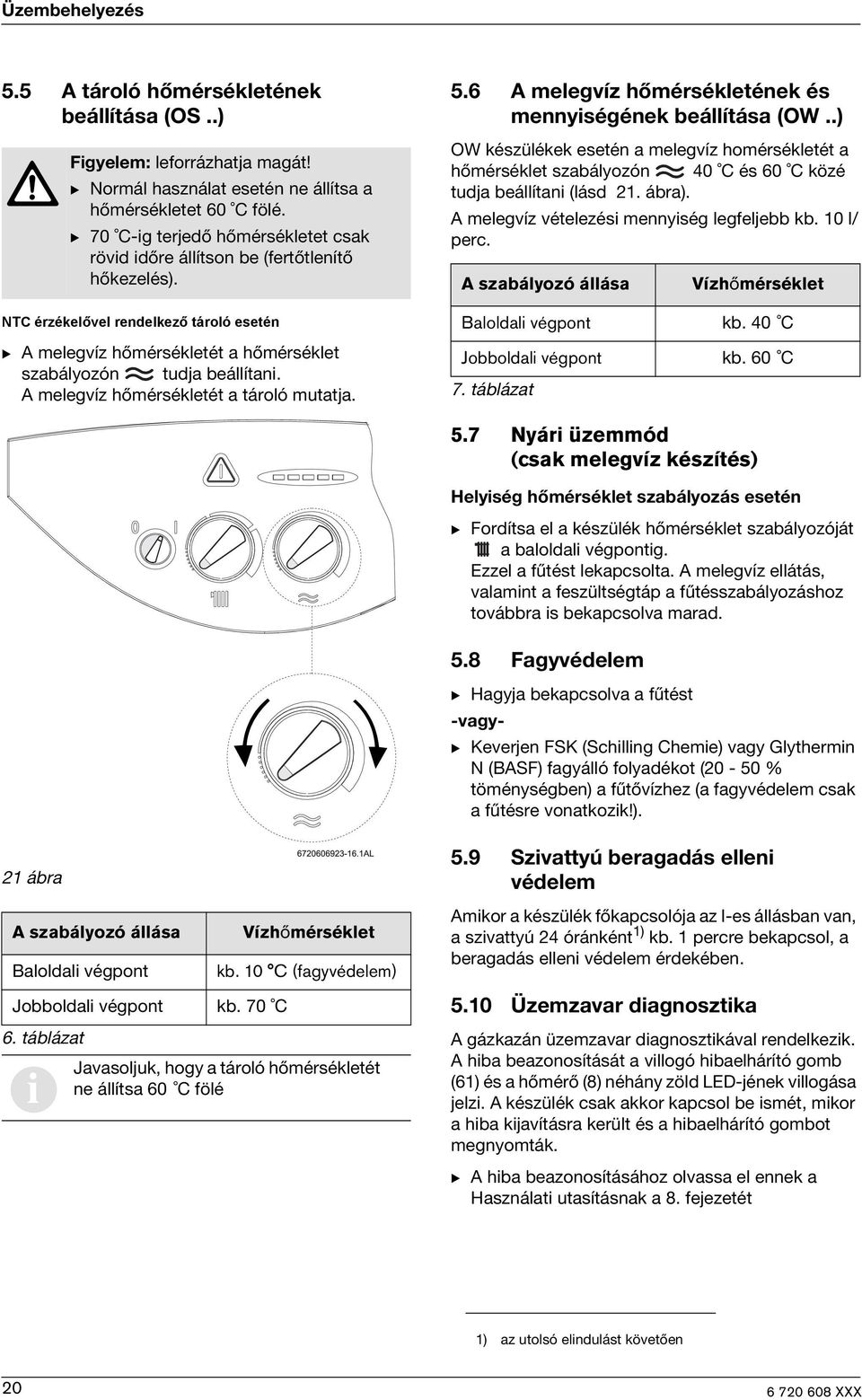 .) OW készülékek esetén a melegvíz homérsékletét a hőmérséklet szabályozón 40 C és 60 C közé tudja beállítani (lásd 21. ábra). A melegvíz vételezési mennyiség legfeljebb kb. 10 l/ perc.