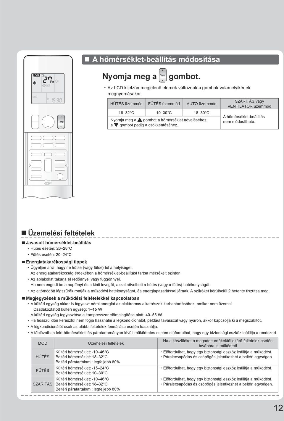 SZÁRÍTÁS vagy VENTILÁTOR üzemmód A hőmérséklet-beállítás nem módosítható.