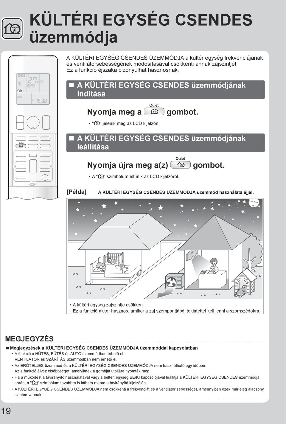 A KÜLTÉRI EGYSÉG CSENDES üzemmódjának leállítása Nyomja újra meg a(z) gombot. A " " szimbólum eltűnik az LCD kijelzőről. [Példa] A KÜLTÉRI EGYSÉG CSENDES ÜZEMMÓDJA üzemmód használata éjjel.