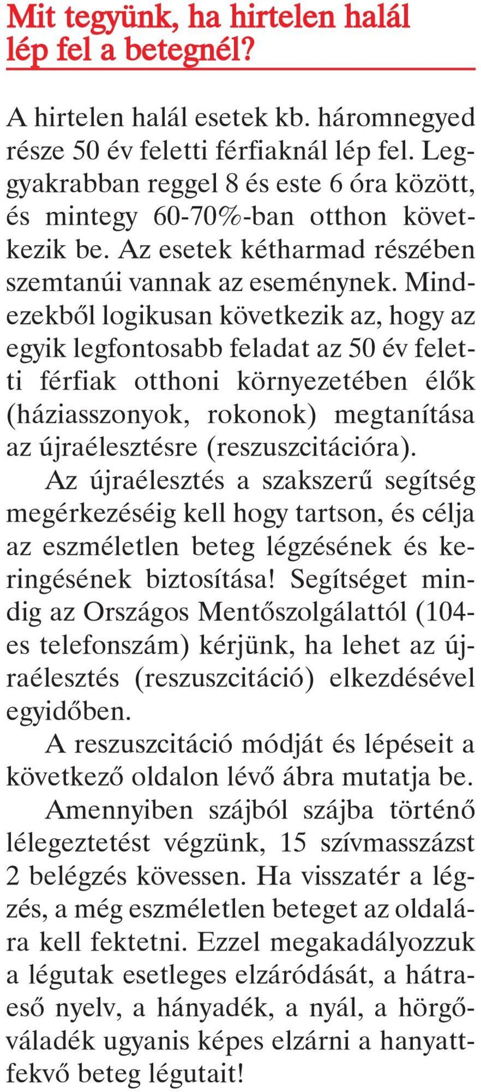 Mindezekbôl logikusan következik az, hogy az egyik legfontosabb feladat az 50 év feletti férfiak otthoni környezetében élôk (háziasszonyok, rokonok) megtanítása az újraélesztésre (reszuszcitációra).