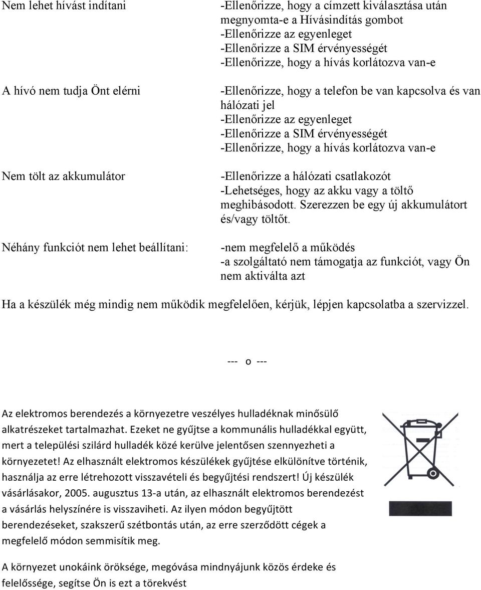 -Ellenőrizze a SIM érvényességét -Ellenőrizze, hogy a hívás korlátozva van-e -Ellenőrizze a hálózati csatlakozót -Lehetséges, hogy az akku vagy a töltő meghibásodott.