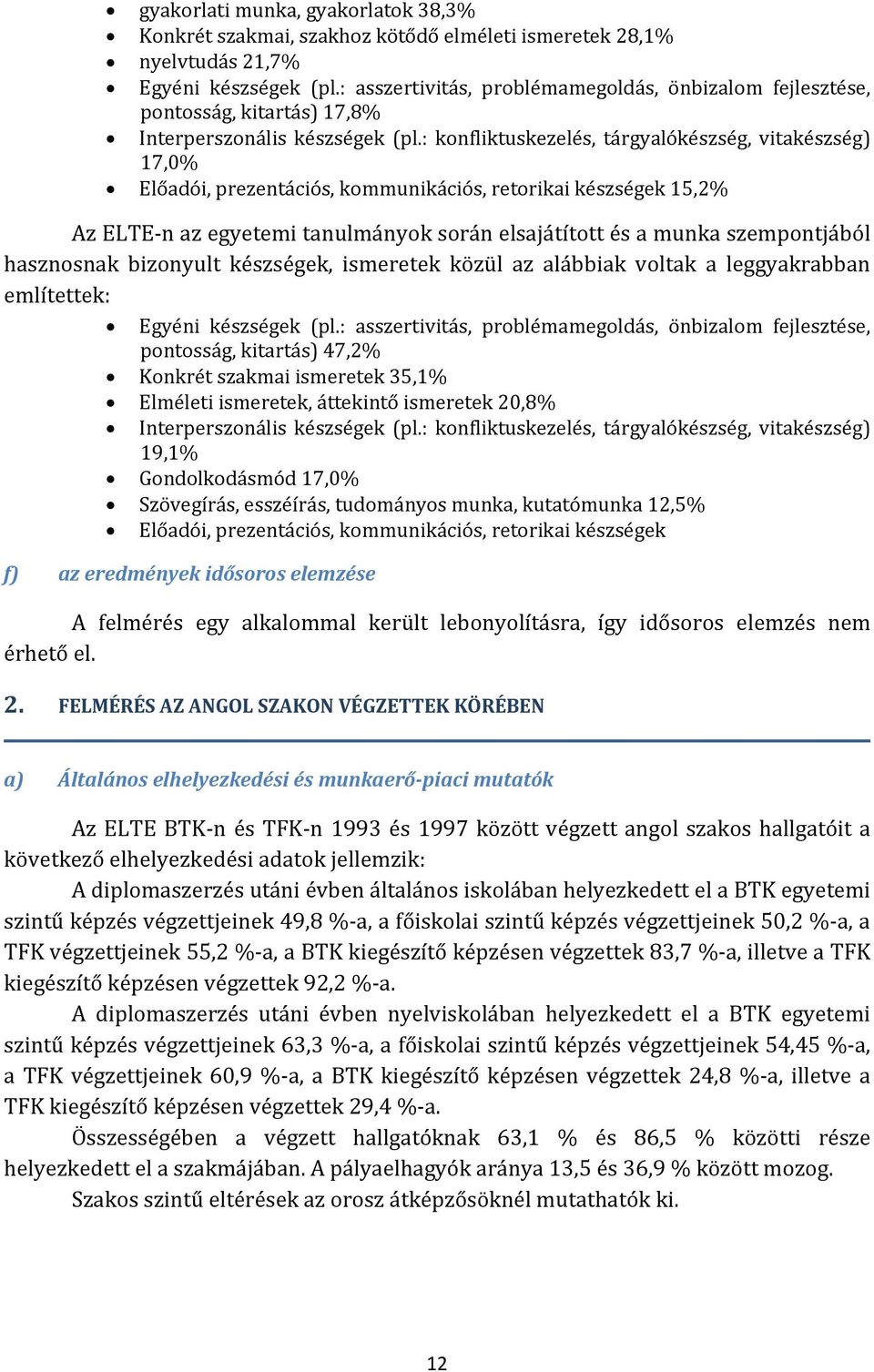 : konfliktuskezelés, tárgyalókészség, vitakészség) 17,0% Előadói, prezentációs, kommunikációs, retorikai készségek 15,2% Az ELTE n az egyetemi tanulmányok során elsajátított és a munka szempontjából