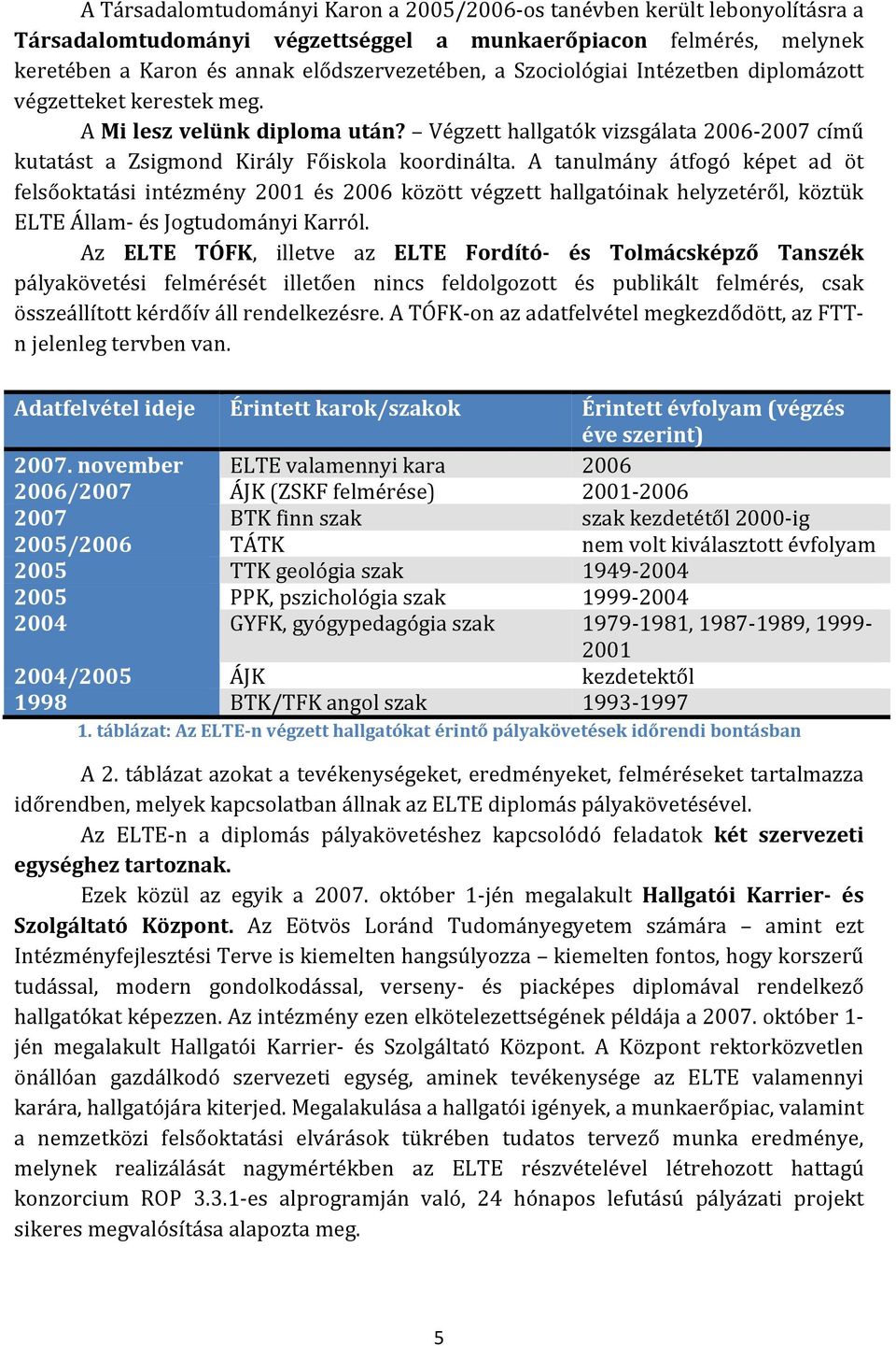 A tanulmány átfogó képet ad öt felsőoktatási intézmény 2001 és 2006 között végzett hallgatóinak helyzetéről, köztük ELTE Állam és Jogtudományi Karról.