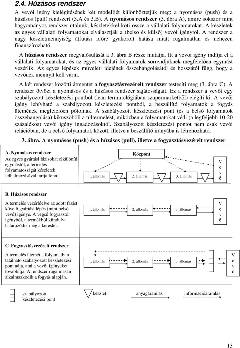 A rendszer a nagy készletmennyiség átfutási idıre gyakorolt hatása miatt rugalmatlan és nehezen finanszírozható. A húzásos rendszer megvalósulását a 3. ábra B része mutatja.