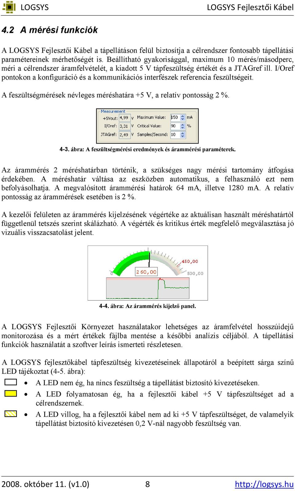 I/Oref pontokon a konfiguráció és a kommunikációs interfészek referencia feszültségeit. A feszültségmérések névleges méréshatára +5 V, a relatív pontosság 2 %. 4-3.