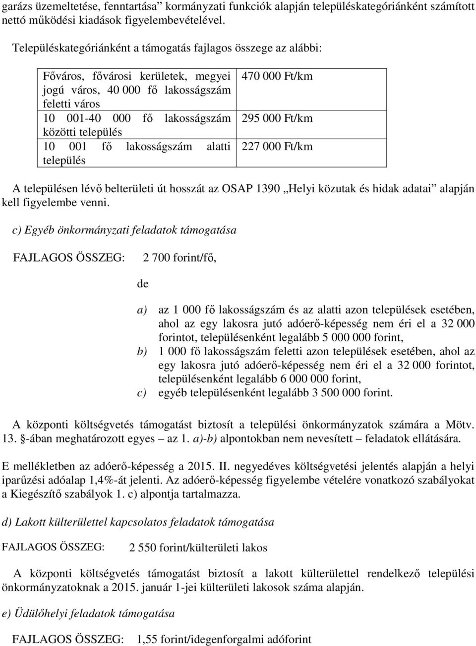 001 fő lakosságszám alatti település 470 000 Ft/km 295 000 Ft/km 227 000 Ft/km A településen lévő belterületi út hosszát az OSAP 1390 Helyi közutak és hidak adatai alapján kell figyelembe venni.