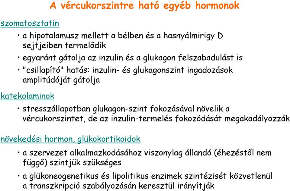 fokozásával növelik a vércukorszintet, de az inzulin-termelés fokozódását megakadályozzák növekedési hormon, glükokortikoidok a szervezet alkalmazkodásához