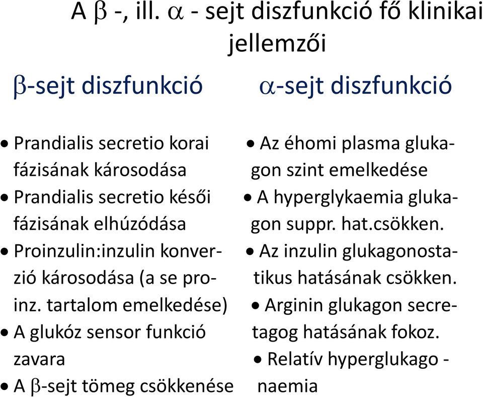 glukafázisának károsodása gon szint emelkedése Prandialis secretio késői A hyperglykaemia glukafázisának elhúzódása gon suppr. hat.