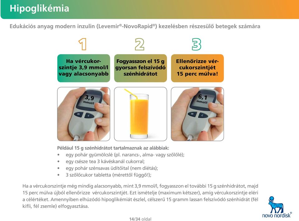 narancs-, alma- vagy szőlőlé); egy csésze tea 3 kávéskanál cukorral; egy pohár szénsavas üdítőital (nem diétás); 3 szőlőcukor tabletta (mérettől függő!