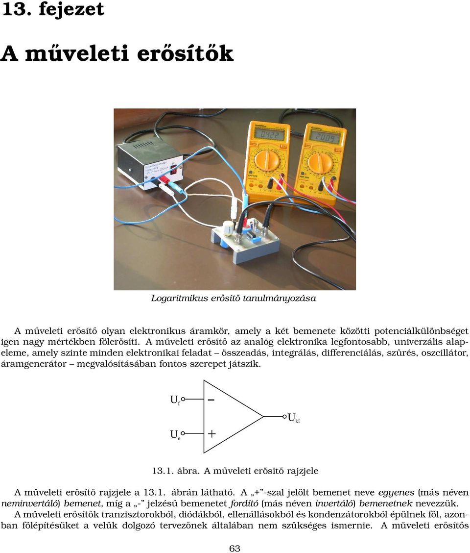 megvalósításában fontos szerepet játszik. 13.1. ábra. A műveleti erősítő rajzjele A műveleti erősítő rajzjele a 13.1. ábrán látható.