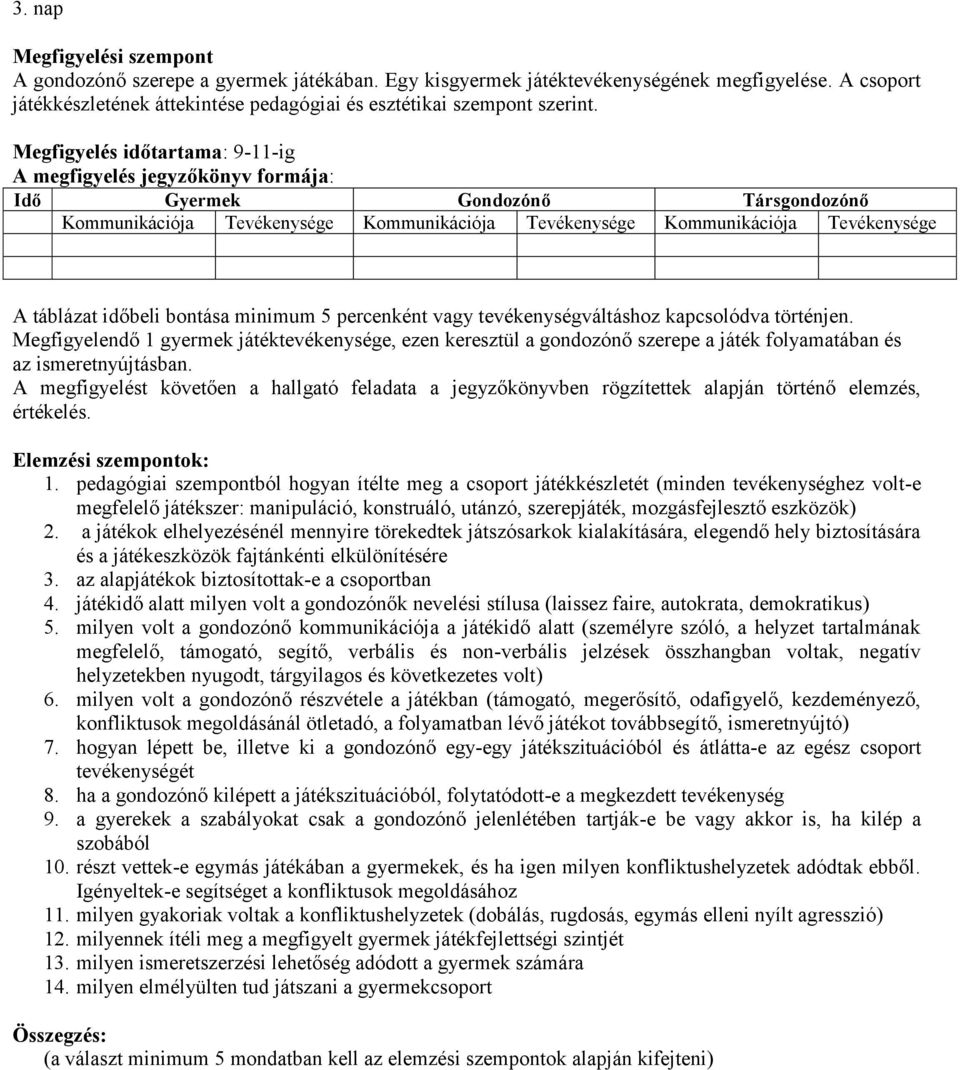 Megfigyelés időtartama: 9-11-ig A megfigyelés jegyzőkönyv formája: Idő Gyermek Gondozónő Társgondozónő Kommunikációja Tevékenysége Kommunikációja Tevékenysége Kommunikációja Tevékenysége A táblázat