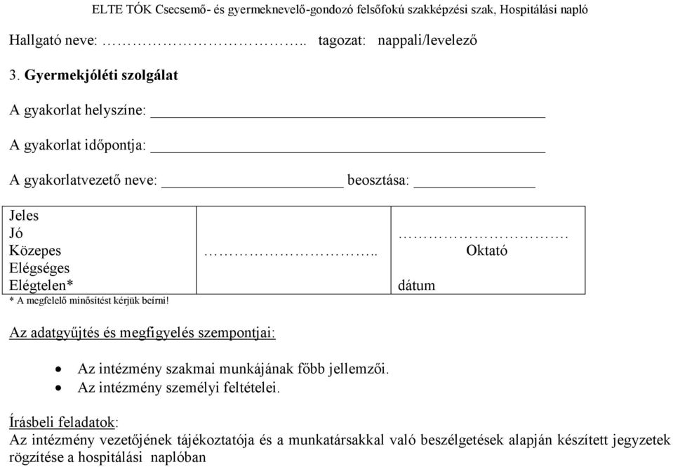 megfelelő minősítést kérjük beírni!... Oktató dátum Az adatgyűjtés és megfigyelés szempontjai: Az intézmény szakmai munkájának főbb jellemzői.