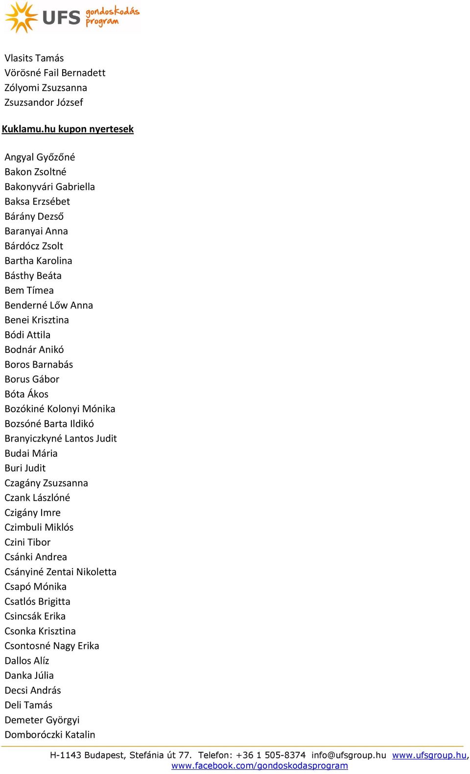 Anna Benei Krisztina Bódi Attila Bodnár Anikó Boros Barnabás Borus Gábor Bóta Ákos Bozókiné Kolonyi Mónika Bozsóné Barta Ildikó Branyiczkyné Lantos Judit Budai Mária Buri Judit