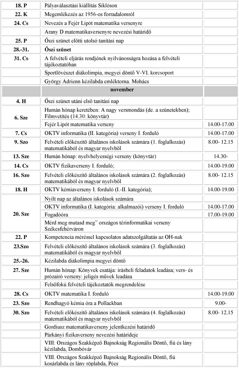 korcsoport György Adrienn kézilabda emléktorna. Mohács 4. H Őszi szünet utáni első tanítási nap 6. Sze november Humán hónap keretében: A nagy versmondás (de. a szünetekben); Filmvetítés (14.