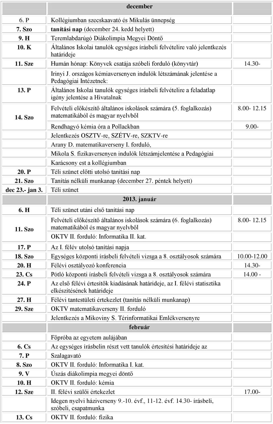 országos kémiaversenyen indulók létszámának jelentése a Pedagógiai Intézetnek: 13. P Általános Iskolai tanulók egységes írásbeli felvételire a feladatlap igény jelentése a Hivatalnak 14.