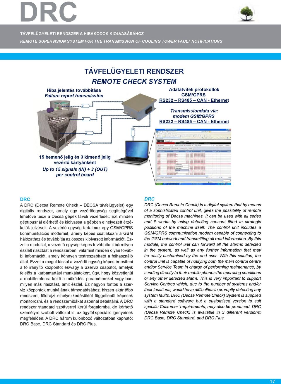 jelig vezérlő kártyánként Up to 15 signals (IN) + 3 (OUT) per control board DRC A DRC (Decsa Remote Check DECSA távfelügyelet) egy digitális rendszer, amely egy vezérlőegység segítségével lehetővé