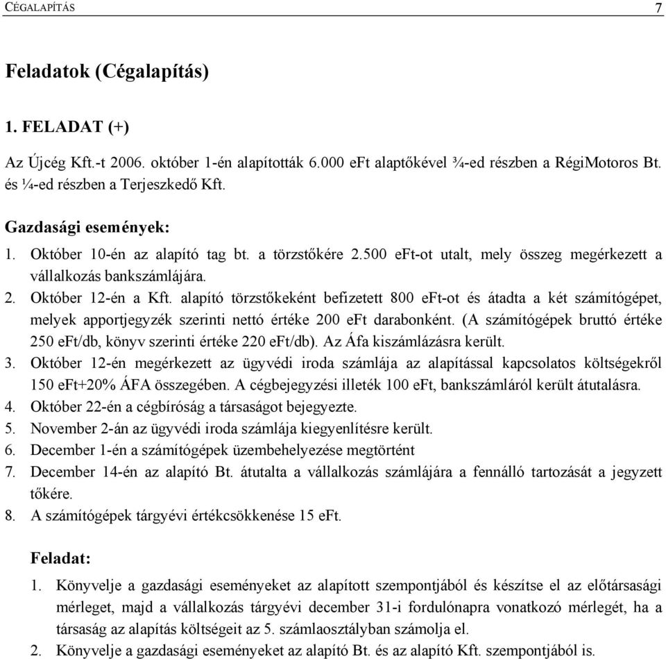 alapító törzstőkeként befizetett 800 eft-ot és átadta a két számítógépet, melyek apportjegyzék szerinti nettó értéke 200 eft darabonként.