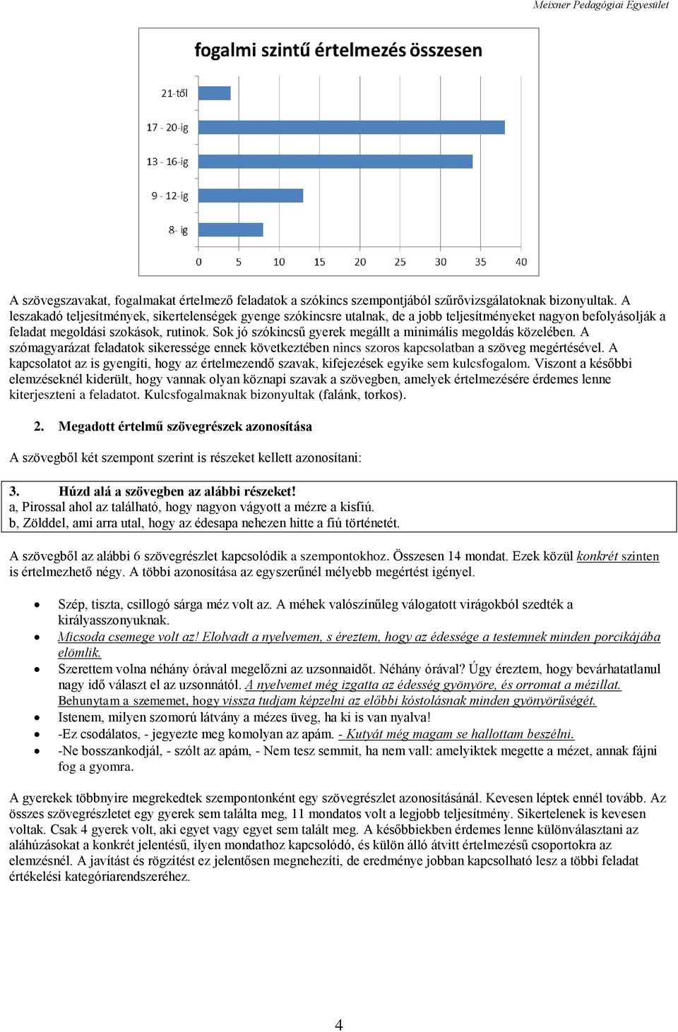 Sok jó szókincsű gyerek megállt a minimális megoldás közelében. A szómagyarázat feladatok sikeressége ennek következtében nincs szoros kapcsolatban a szöveg megértésével.