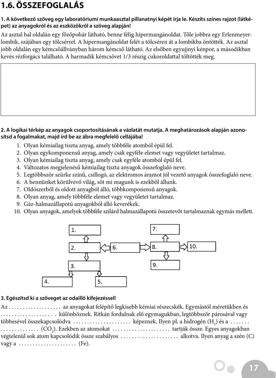 Az asztal jobb oldalán egy kémcsőállványban három kémcső látható. Az elsőben egyujjnyi kénpor, a másodikban kevés rézforgács található. A harmadik kémcsövet 1/3 részig cukoroldattal töltötték meg. 2.