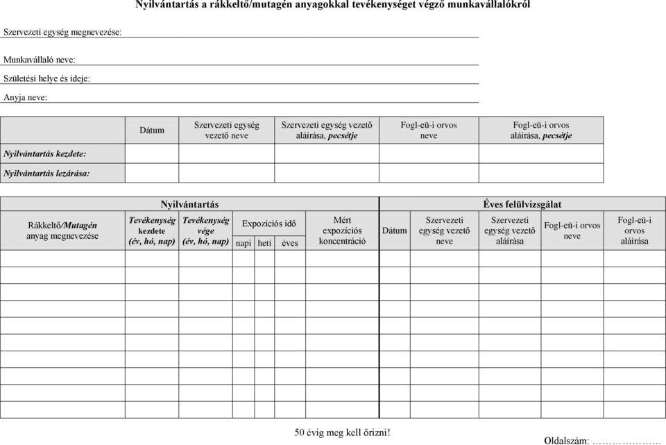 lezárása: Nyilvántartás Éves felülvizsgálat Rákkeltő/Mutagén anyag megzése Tevékenység kezdete Tevékenység vége Expozíciós idő napi heti éves