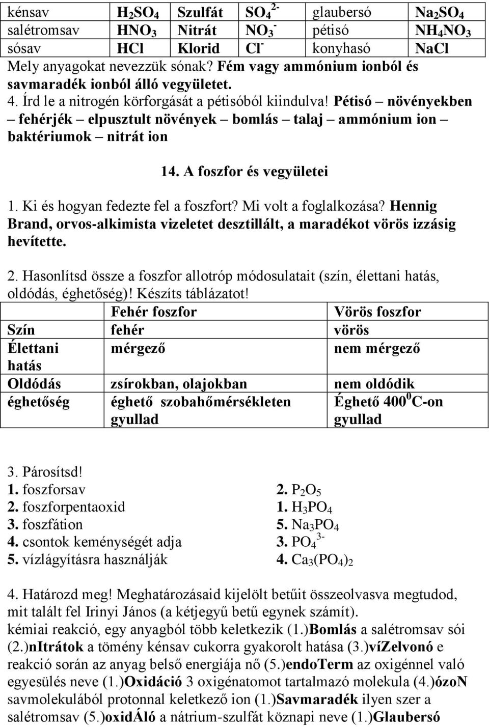Pétisó növényekben fehérjék elpusztult növények bomlás talaj ammónium ion baktériumok nitrát ion 14. A foszfor és vegyületei 1. Ki és hogyan fedezte fel a foszfort? Mi volt a foglalkozása?