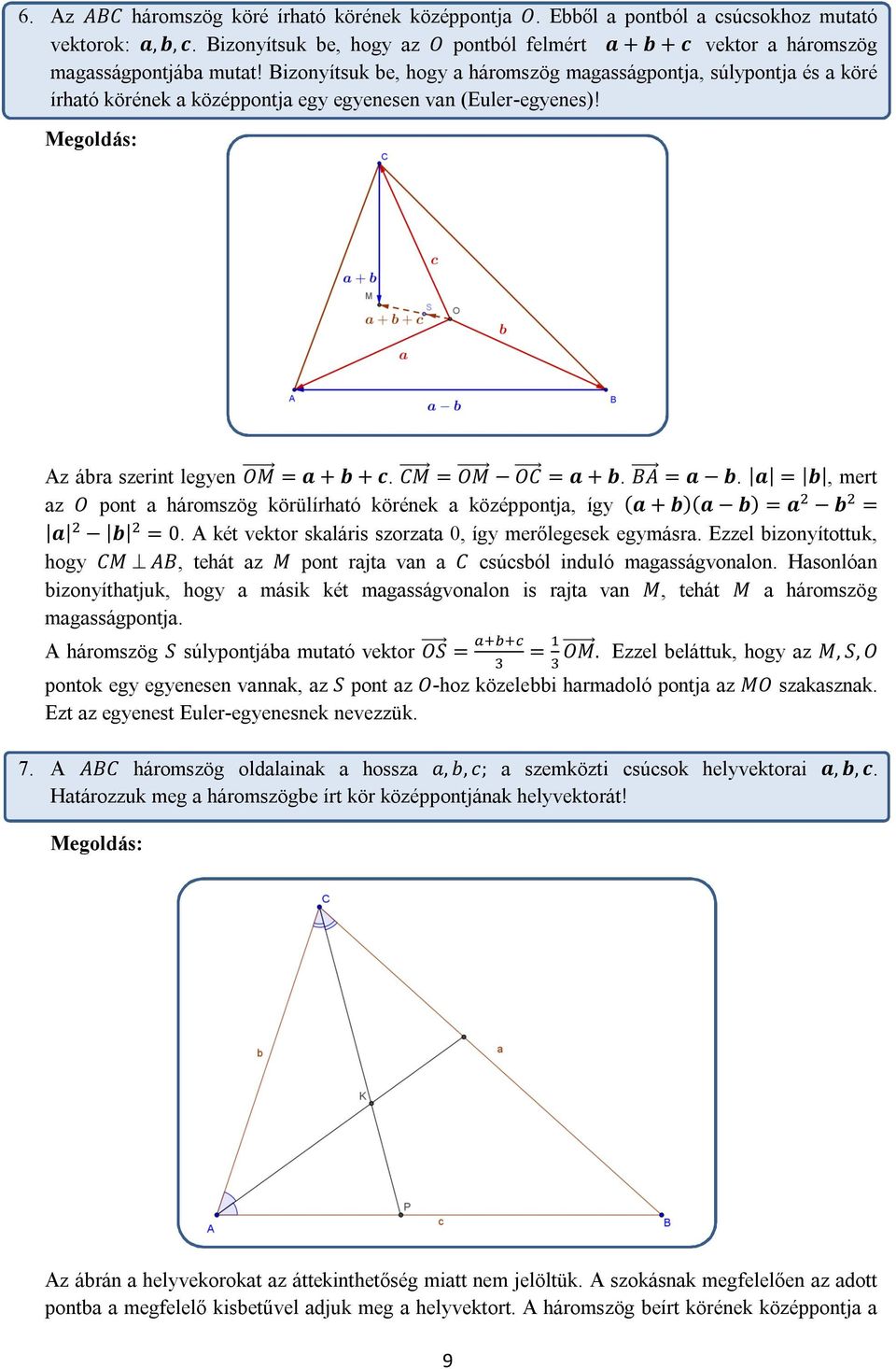 Bizonyítsuk be, hogy a háromszög magasságpontja, súlypontja és a köré írható körének a középpontja egy egyenesen van (Euler-egyenes)! Az ábra szerint legyen OM = a + b + c. CM = OM OC = a + b.