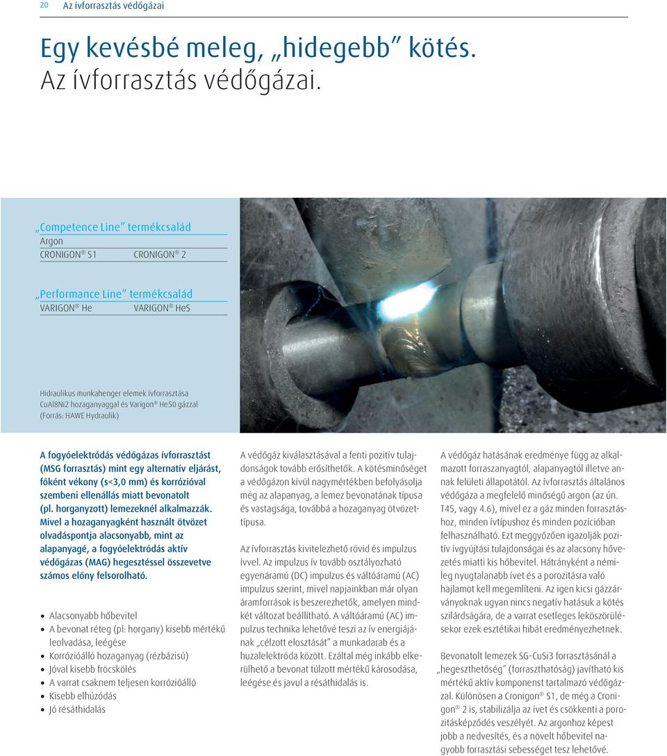 Competence Line termékcsalád Argon CRONIGON S1 CRONIGON 2 Performance Line termékcsalád VARIGON He VARIGON HeS Hidraulikus munkahenger elemek ívforrasztása CuAl8Ni2 hozaganyaggal és Varigon He50