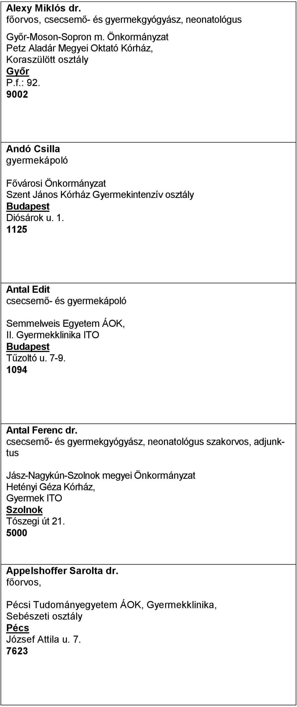 1125 Antal Edit csecsemő- és gyermekápoló Semmelweis Egyetem ÁOK, II. Gyermekklinika ITO Tűzoltó u. 7-9. 1094 Antal Ferenc dr.