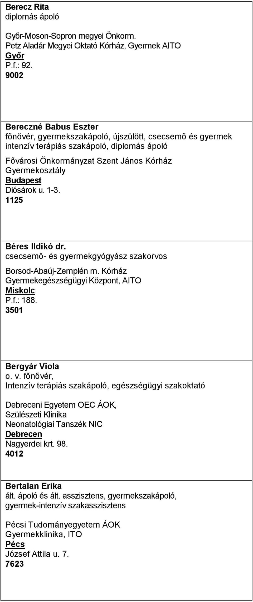 1-3. 1125 Béres Ildikó dr. csecsemő- és gyermekgyógyász szakorvos Borsod-Abaúj-Zemplén m. Kórház Gyermekegészségügyi Központ, AITO Miskolc P.f.: 188. 3501 Bergyár Viola o. v.