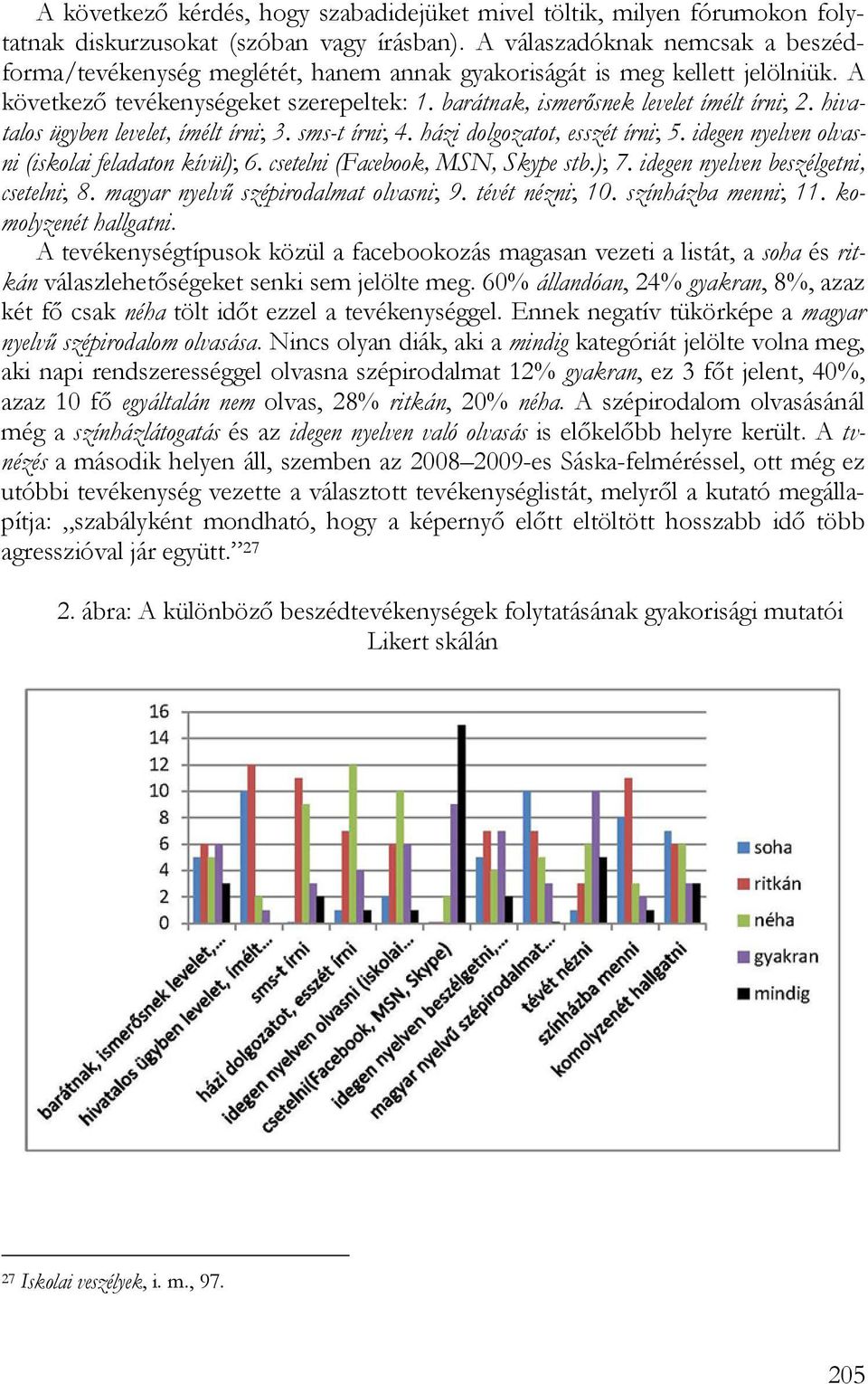 hivatalos ügyben levelet, ímélt írni; 3. sms-t írni; 4. házi dolgozatot, esszét írni; 5. idegen nyelven olvasni (iskolai feladaton kívül); 6. csetelni (Facebook, MSN, Skype stb.); 7.