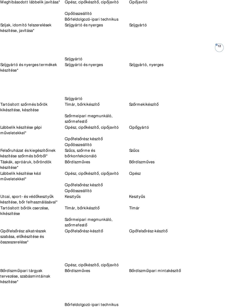 Felsőruházat és kiegészítőinek készítése szőrmés bőrből* Táskák, apróáruk, bőröndök készítése* Lábbelik készítése kézi műveletekkel* Utcai, sport- és védőkesztyűk készítése, bőr felhasználásával*