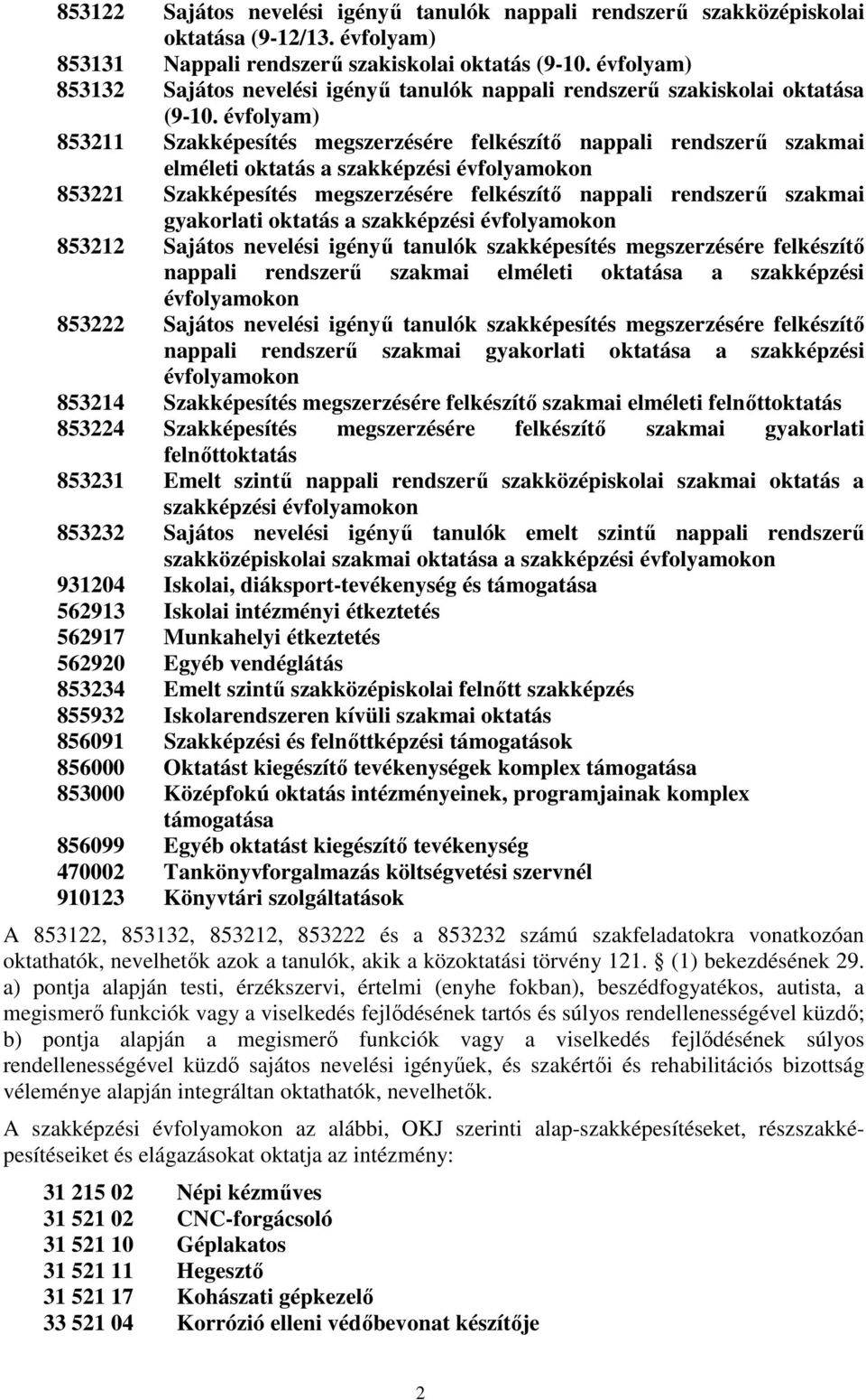 évfolyam) 853211 Szakképesítés megszerzésére felkészítő nappali rendszerű szakmai elméleti oktatás a szakképzési évfolyamokon 853221 Szakképesítés megszerzésére felkészítő nappali rendszerű szakmai