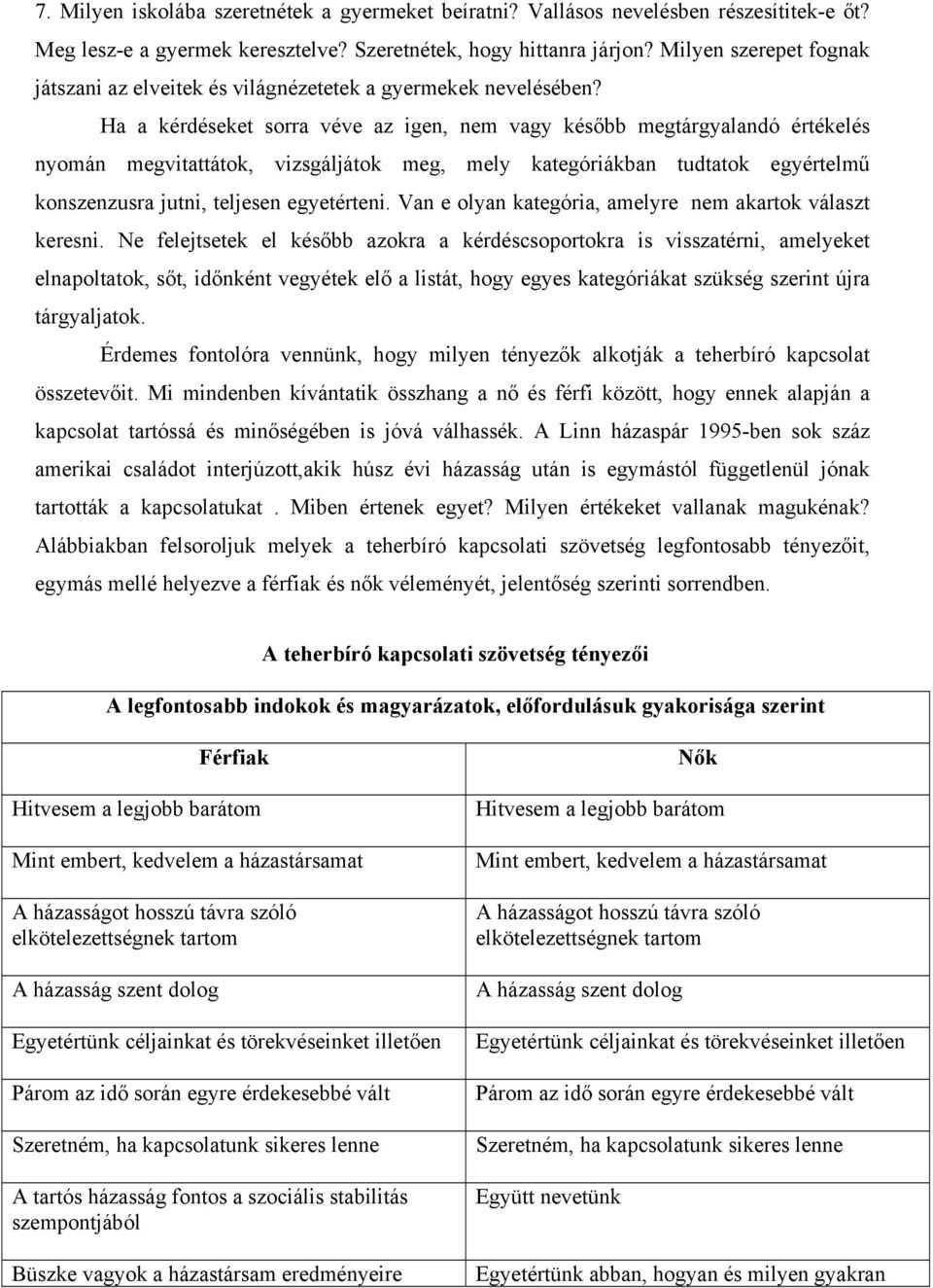 Ha a kérdéseket sorra véve az igen, nem vagy később megtárgyalandó értékelés nyomán megvitattátok, vizsgáljátok meg, mely kategóriákban tudtatok egyértelmű konszenzusra jutni, teljesen egyetérteni.