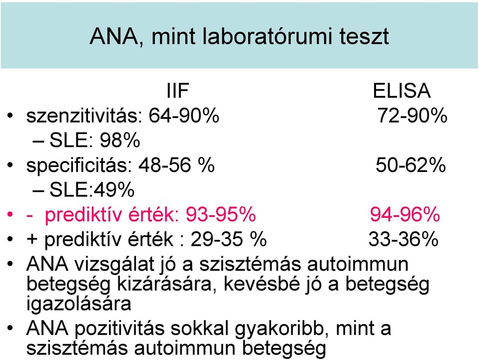 érték : 29-35 % 33-36% ANA vizsgálat jó a szisztémás autoimmun betegség kizárására,