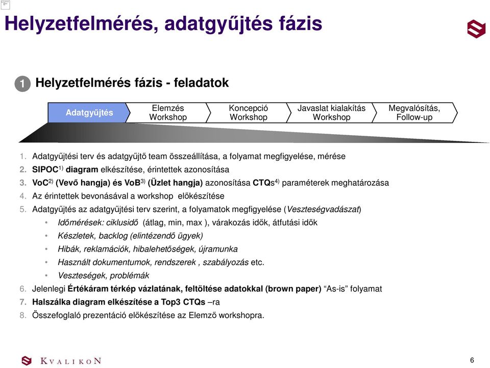 Adatgyűjtési terv és adatgyűjtő team összeállítása, a folyamat megfigyelése, mérése 2. SIPOC 1) diagram elkészítése, érintettek azonosítása 3.