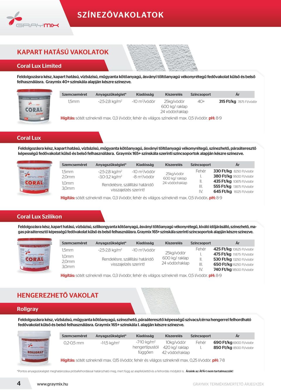 Szemcseméret Anyagszükséglet* Kiadósság Kiszerelés Színcsoport Ár 1,5mm ~2,5-2,8 kg/m 2 ~10 m 2 /vödör 25kg/vödör 315 Ft/kg 7875 Ft/vödör 600 kg/ raklap 24 vödör/raklap Hígítás: sötét színeknél max.