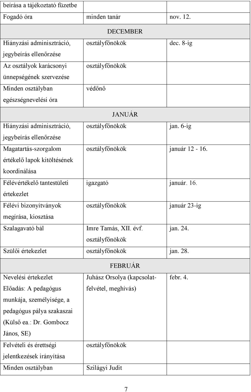 6-ig Magatartás-szorgalom január 12-16. értékelő lapok kitöltésének koordinálása Félévértékelő tantestületi igazgató január. 16.