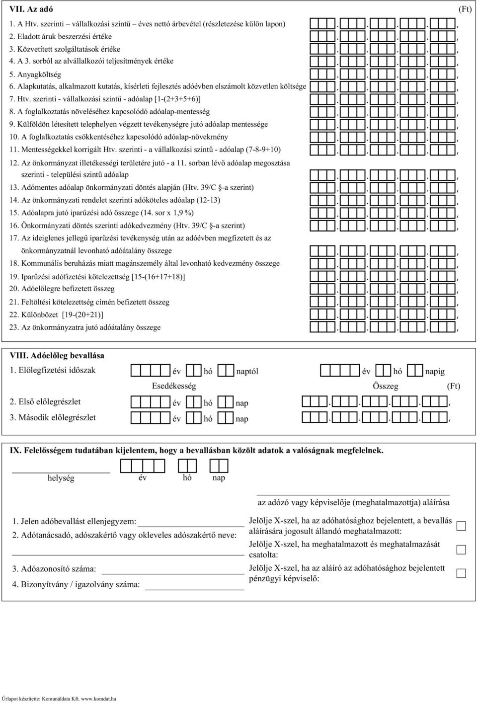 szerinti - vállalkozási szintű - adóalap [1-(2+3+5+6)] 8. A foglalkoztatás növeléséhez kapcsolódó adóalap-mentesség 9.