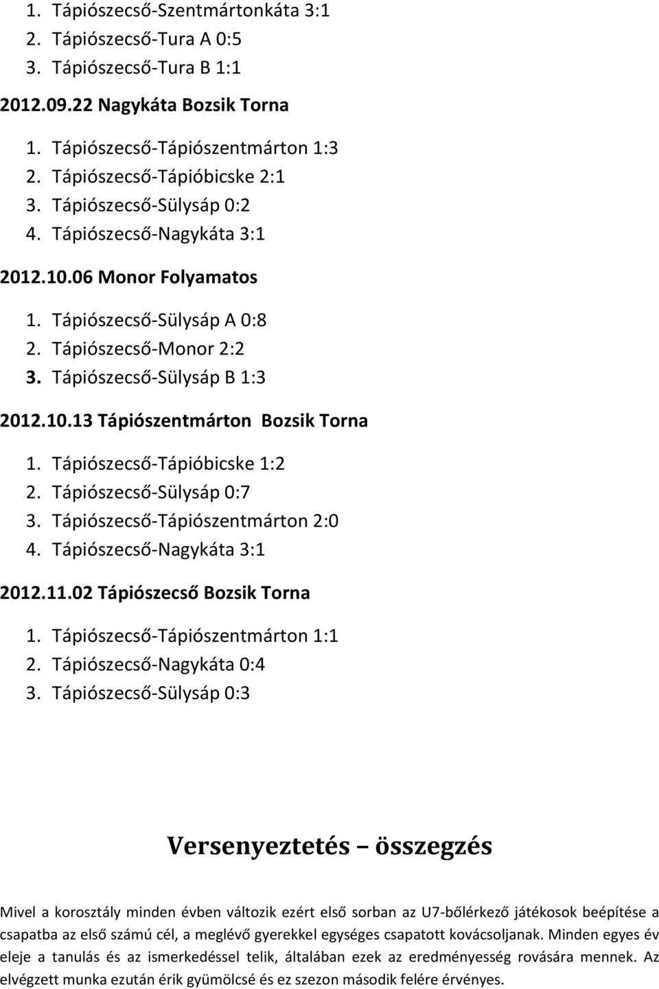 Tápiószecső-Tápióbicske 1:2 2. Tápiószecső-Sülysáp 0:7 3. Tápiószecső-Tápiószentmárton 2:0 4. Tápiószecső-Nagykáta 3:1 2012.11.02 Tápiószecső Bozsik Torna 1. Tápiószecső-Tápiószentmárton 1:1 2.