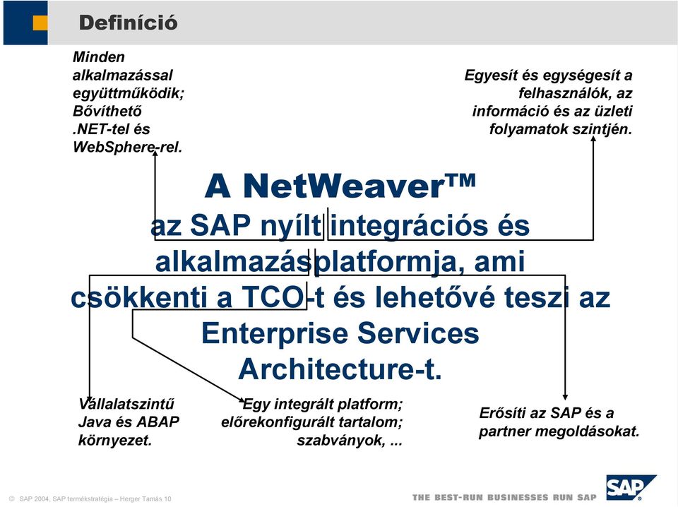 A NetWeaver az SAP nyílt integrációs és alkalmazásplatformja, ami csökkenti a TCO-t és lehetővé teszi az Enterprise Services