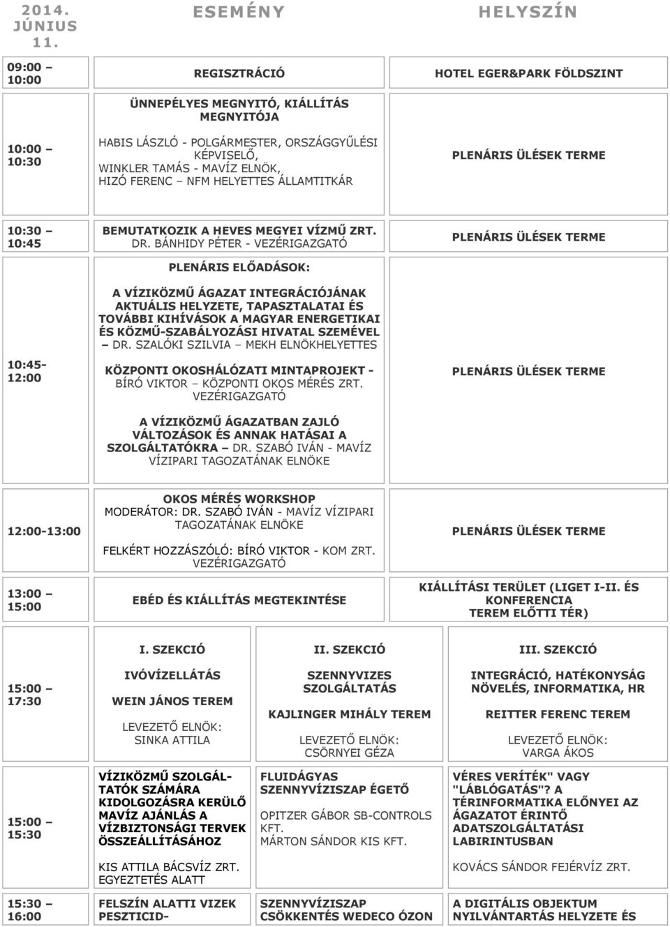 HELYSZÍN HOTEL EGER&PARK FÖLDSZINT 10:30 10:45 10:45- BEMUTATKOZIK A HEVES MEGYEI VÍZMŰ DR.