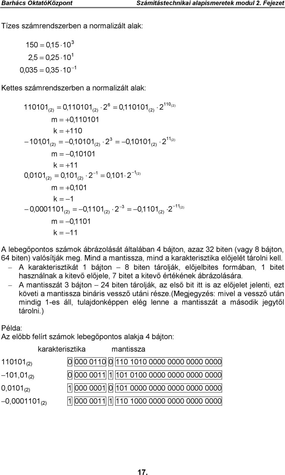 101,01 = 0,10101 0,0101 (2) (2) m = 0,10101 k = + 11 = 0,101 (2) m = + 0,101 2 (2) 1 2 k = 1 0,0001101 = 0,1101 (2) m = 0,1101 k = 11 6 2 3 = 0,110101 (2) = 0,10101 = 0,101 2 (2) 2 3 1 ( 2) (2) 2 =