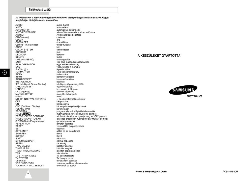 ADV ( ) FORMAT 16:9 INDEX INPUT INPUT/REPEAT INSTALLATION IPC (Intelligent Picture Control) LANGUAGE SET LENGT LP (Long Play) MANUAL SET UP MENU NO.