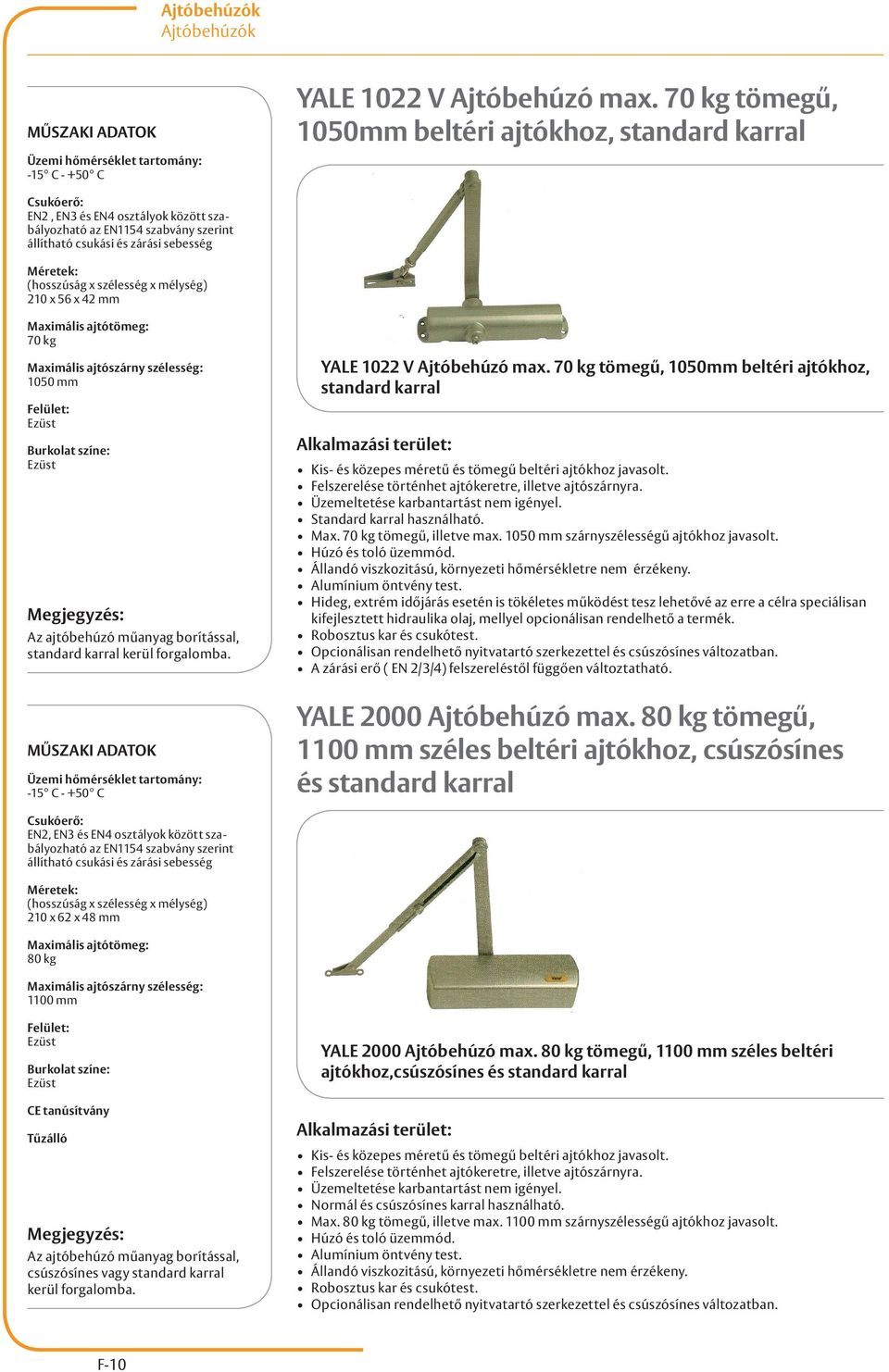 1050 mm Az ajtóbehúzó műanyag borítással, standard karral kerül forgalomba.  70 kg tömegű, 1050mm beltéri ajtókhoz, standard karral Kis- és közepes méretű és tömegű beltéri ajtókhoz javasolt.