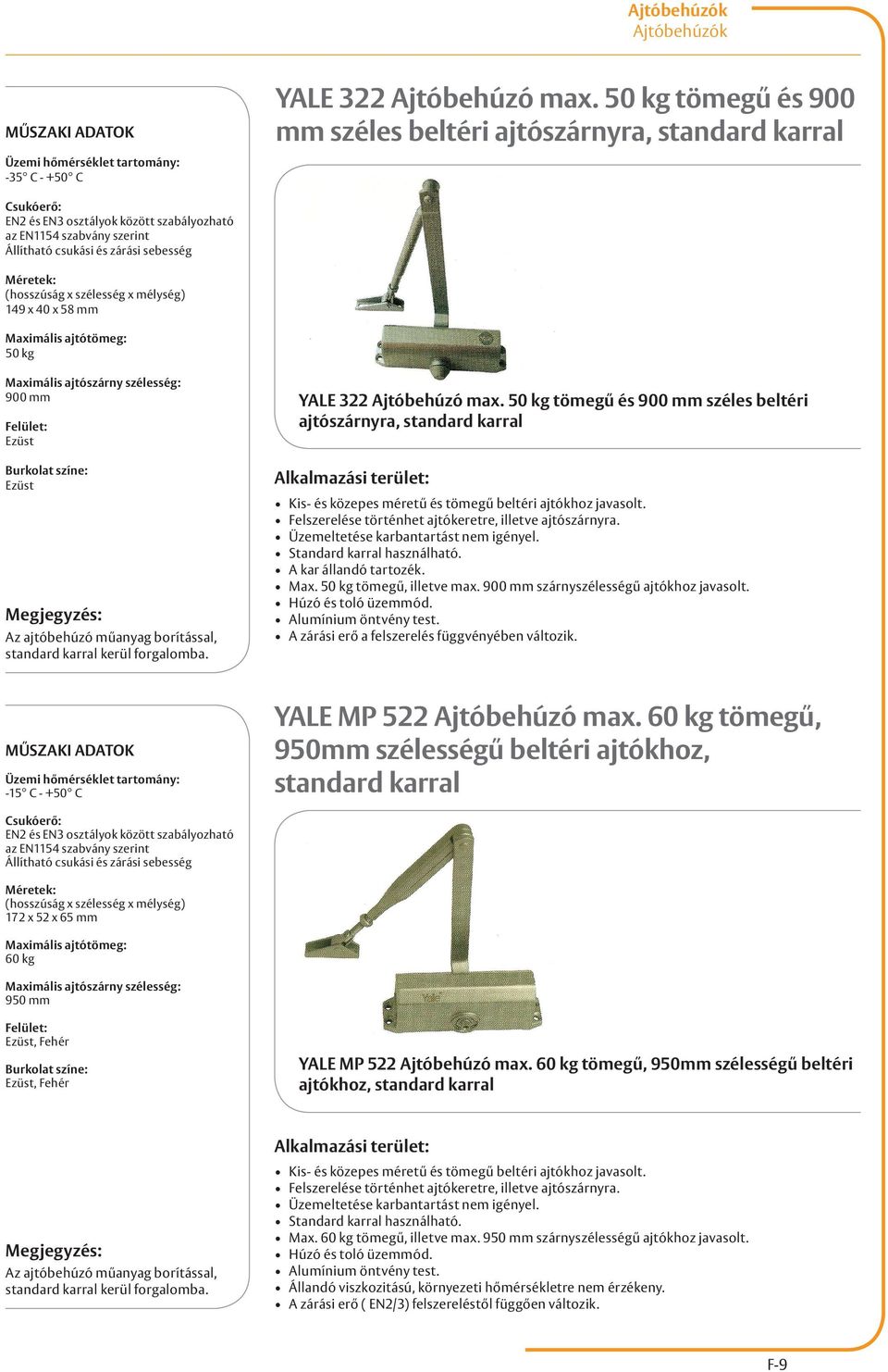 ajtóbehúzó műanyag borítással, standard karral kerül forgalomba.  50 kg tömegű és 900 mm széles beltéri ajtószárnyra, standard karral Kis- és közepes méretű és tömegű beltéri ajtókhoz javasolt.