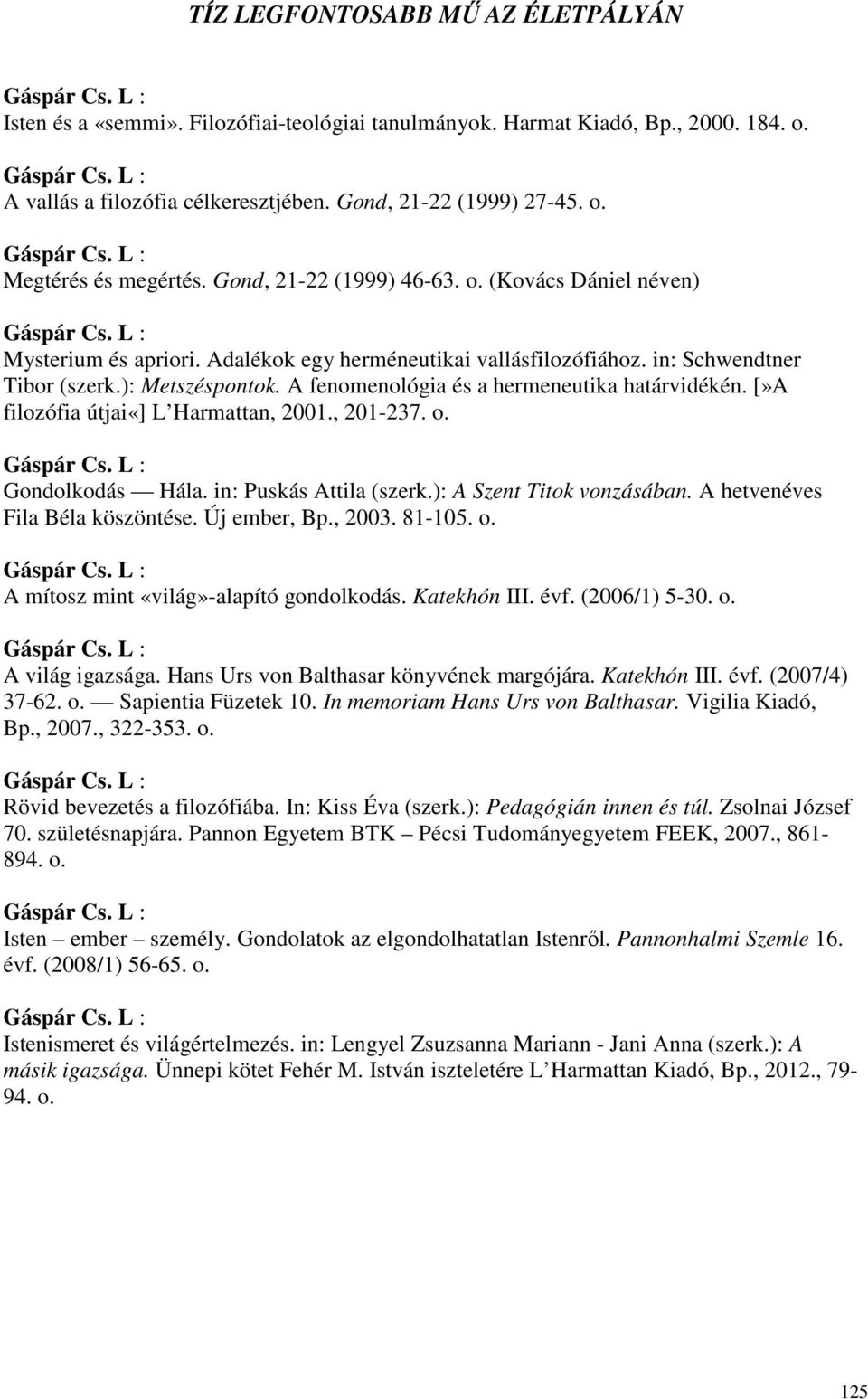 A fenomenológia és a hermeneutika határvidékén. [»A filozófia útjai«] L Harmattan, 2001., 201-237. o. Gondolkodás Hála. in: Puskás Attila (szerk.): A Szent Titok vonzásában.