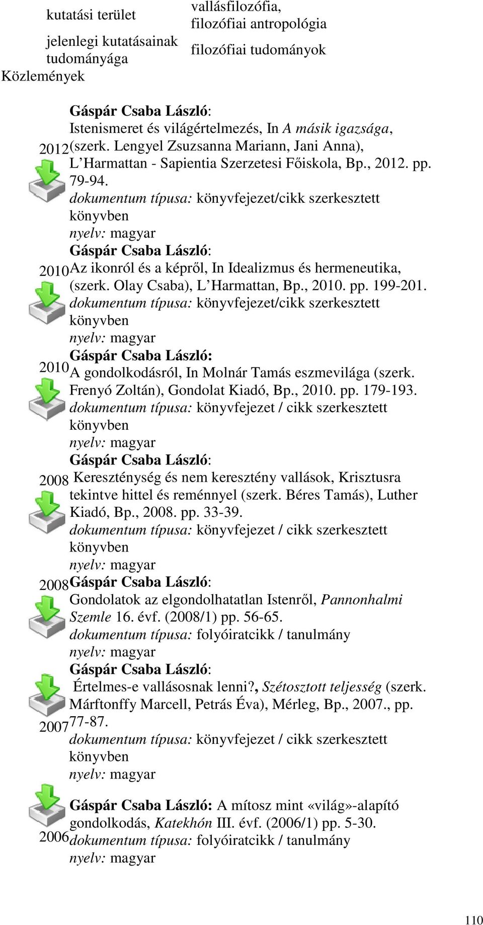 dokumentum típusa: könyvfejezet/cikk szerkesztett könyvben nyelv: magyar Gáspár Csaba László: 2010Az ikonról és a képrıl, In Idealizmus és hermeneutika, (szerk. Olay Csaba), L Harmattan, Bp., 2010.